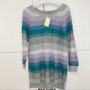 Sonoma Shaker Stitch Striped Metallic Sweater 3/4 Sleeve Grey Purple Teal NEW
